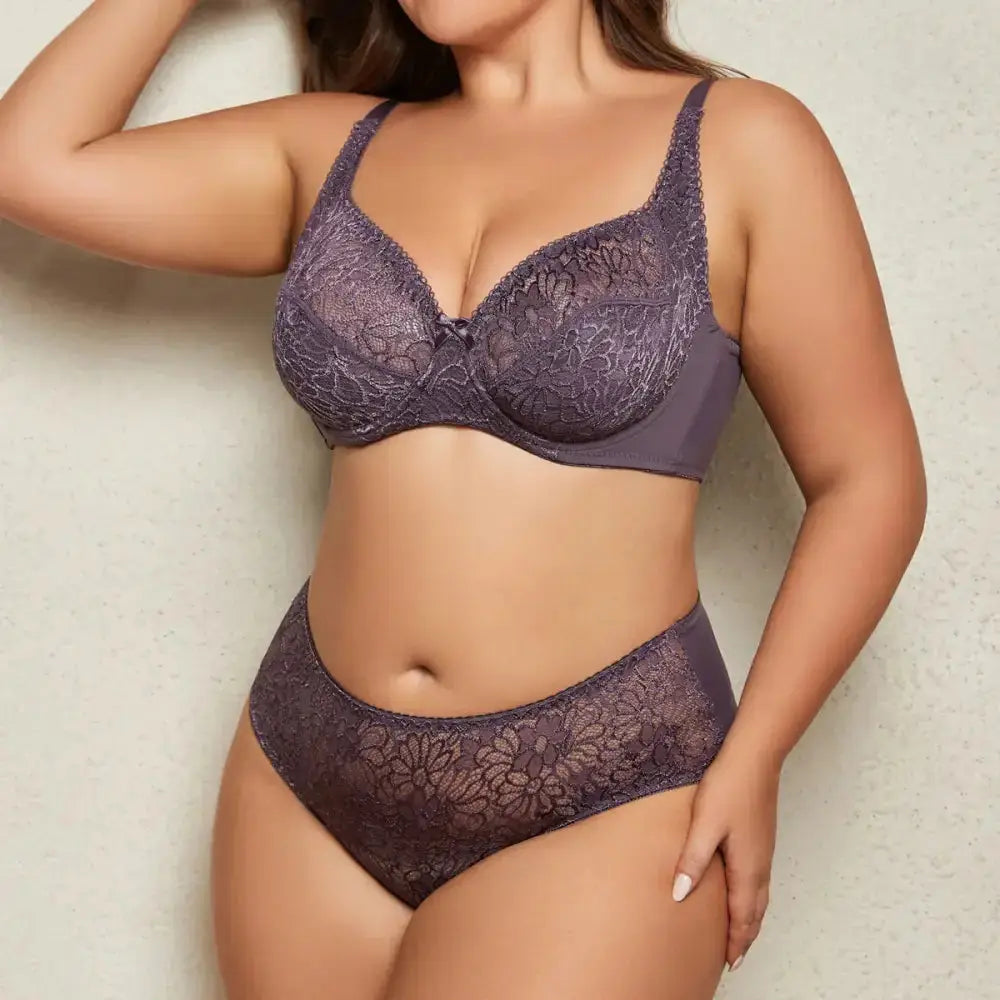Beauwear 85C-110E Women’s Plus Size Lingerie Set Plain Lace Underwear Set Thin Unlined Underwire Bra and Panty Set