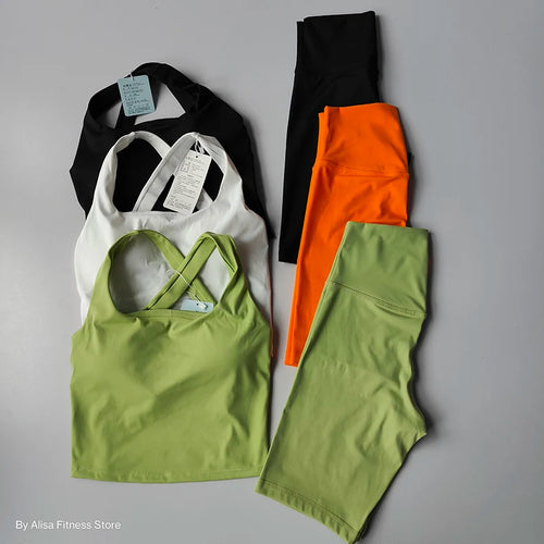 2 piece workout outfit featuring various colored tops and leggings for active wear