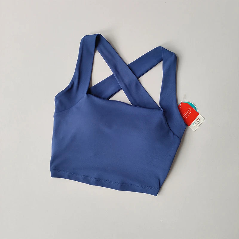 Stylish navy beauty back yoga bra with crisscross straps for comfortable activewear