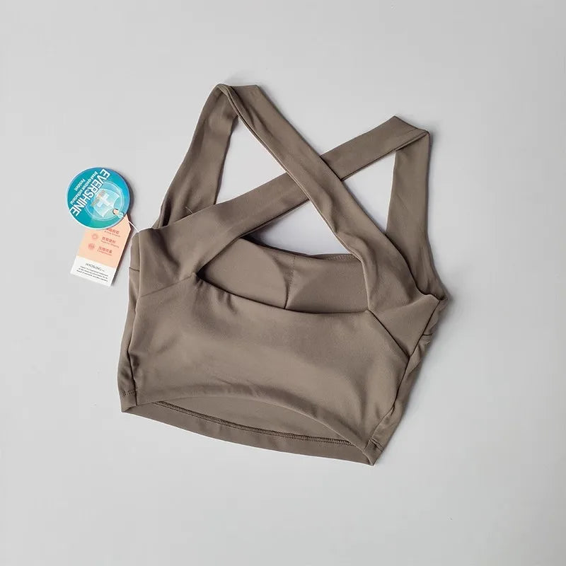 Beauty back yoga bra in taupe with stylish crisscross design for maximum comfort during workouts