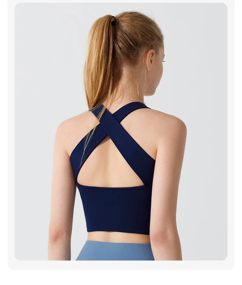 Navy beauty back yoga bra with crisscross straps perfect for comfort and support during workouts