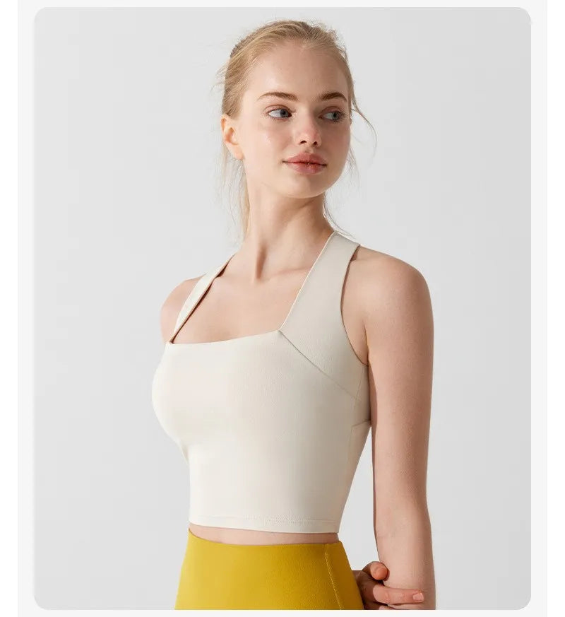 Beige beauty back yoga bra designed for comfort and support during workouts
