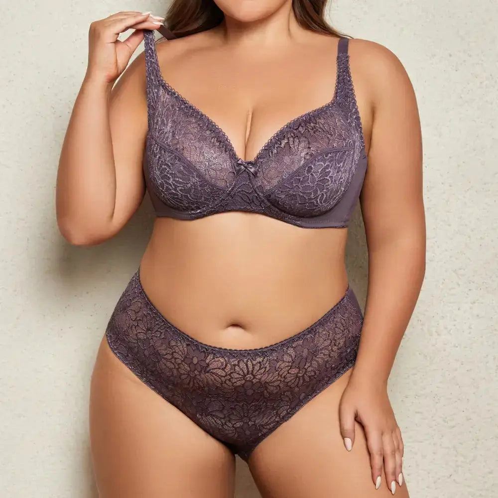 Beauwear 85C-110E Women’s Plus Size Lingerie Set Plain Lace Underwear Set Thin Unlined Underwire Bra and Panty Set