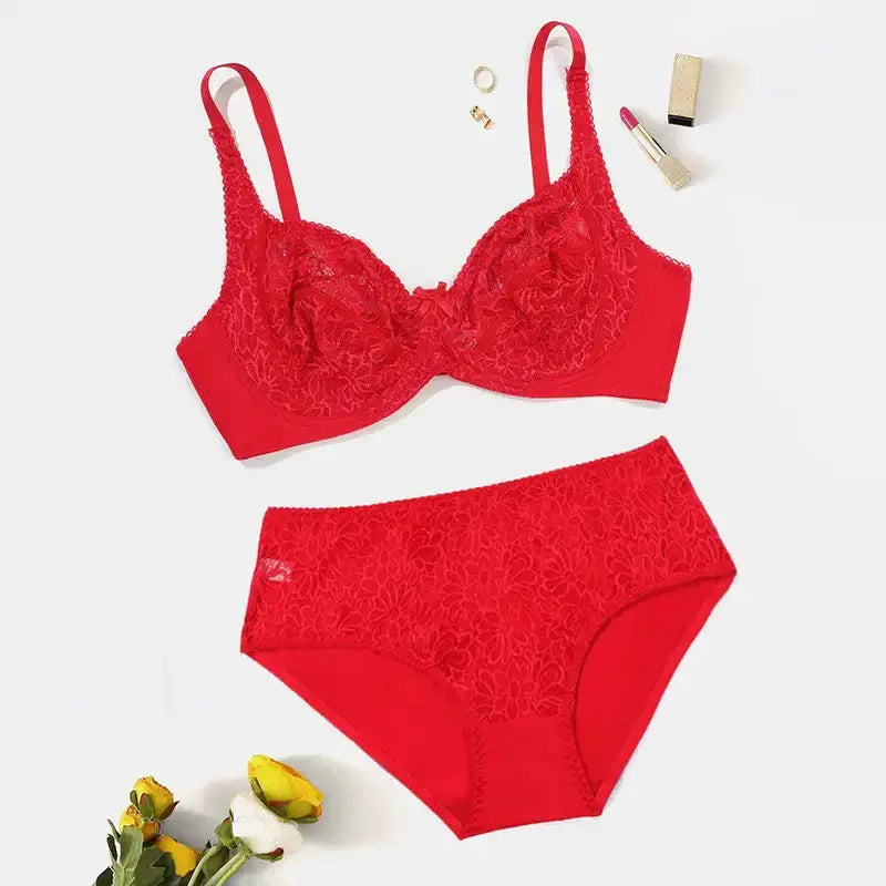 Beauwear 85C-110E Women’s Plus Size Lingerie Set Plain Lace Underwear Set Thin Unlined Underwire Bra and Panty Set