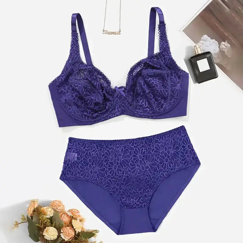 Beauwear 85C-110E Women’s Plus Size Lingerie Set Plain Lace Underwear Set Thin Unlined Underwire Bra and Panty Set