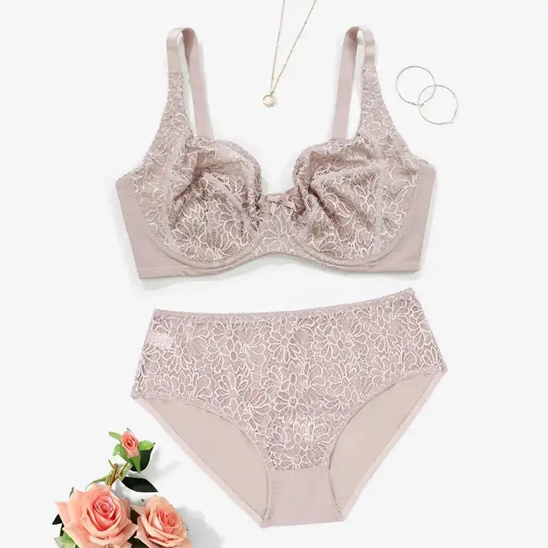 Beauwear 85C-110E Women’s Plus Size Lingerie Set Plain Lace Underwear Set Thin Unlined Underwire Bra and Panty Set