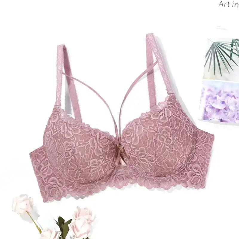 Beauwear Contrast Lace Push Up Bra Comfy Breathable Hollow Out Bra - Cameo / 75B