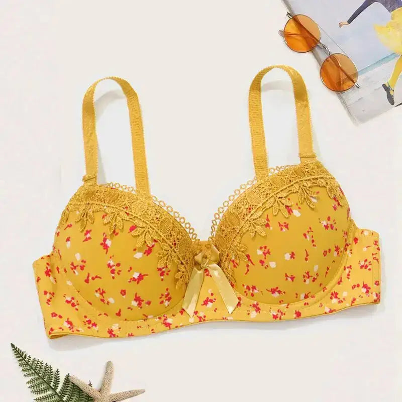 Beauwear Floral Bras for Women Push Up Bra Padded Bra Lace Underwear with wire Embroidered Lingerie 75B-90B - Yellow