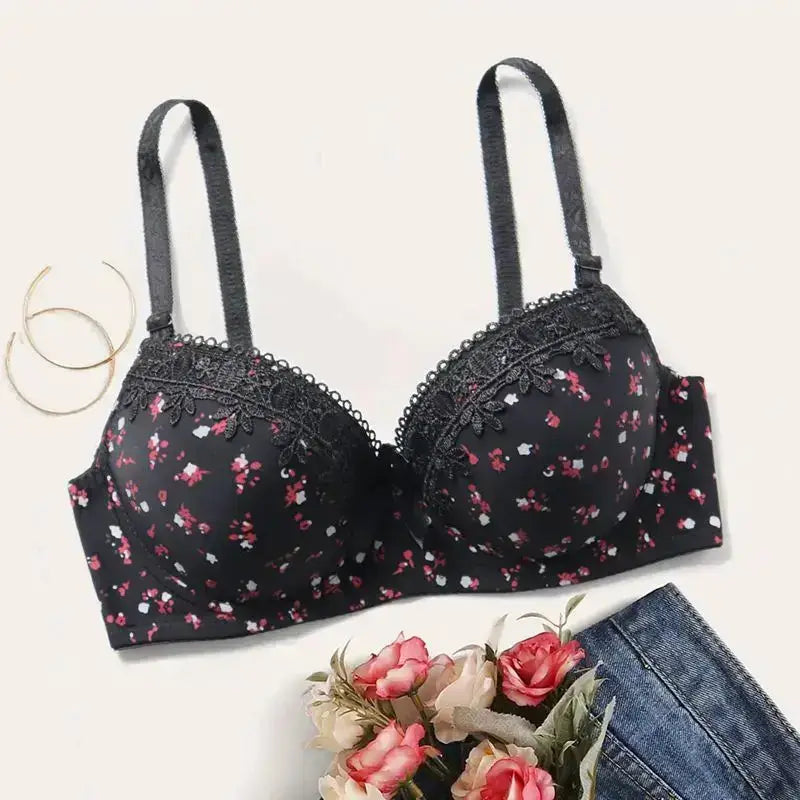 Beauwear Floral Bras for Women Push Up Bra Padded Bra Lace Underwear with wire Embroidered Lingerie 75B-90B - Black