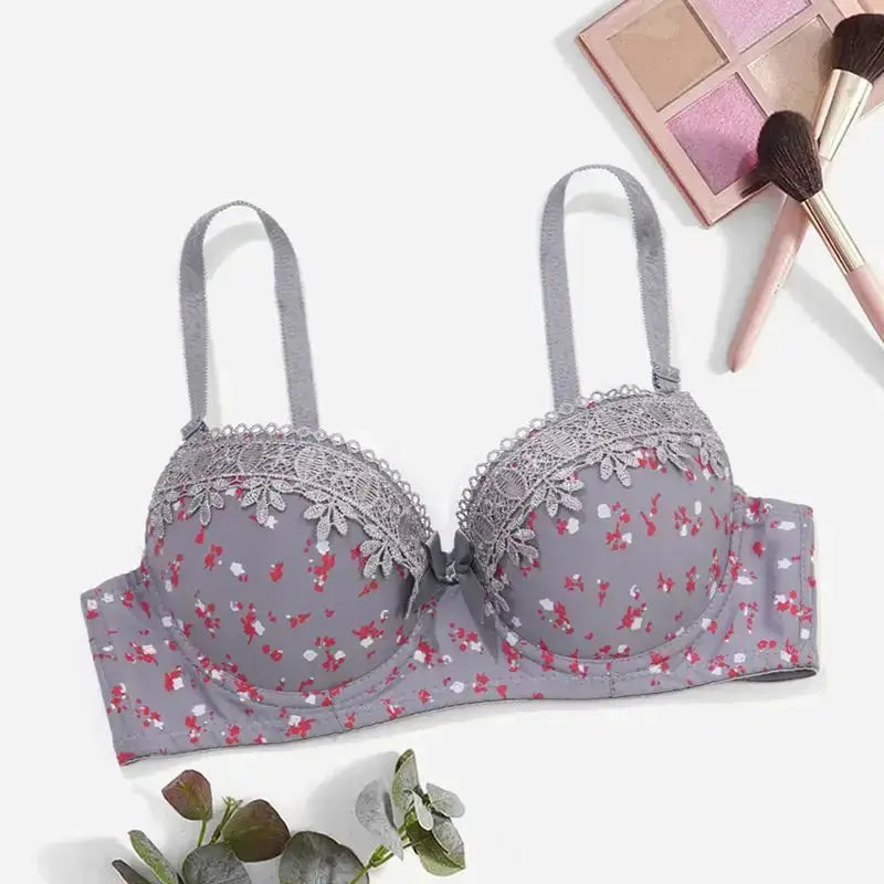 Beauwear Floral Bras for Women Push Up Bra Padded Bra Lace Underwear with wire Embroidered Lingerie 75B-90B - Grey / 90B