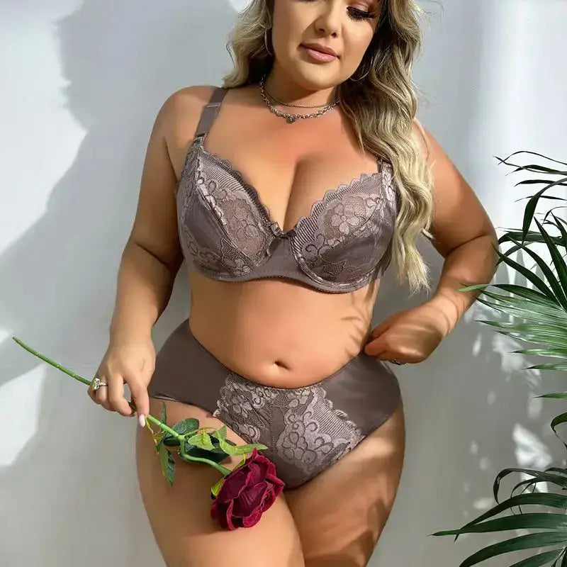 BEAUWEAR Women Plus Size Bra and Panty Set Floral Lace Underwear Set Ultrathin Unlined lingerie Set 85D 90D 95D 100D