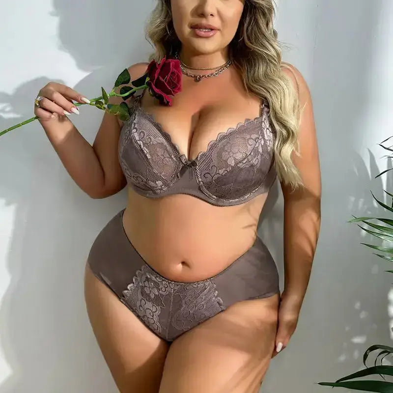 BEAUWEAR Women Plus Size Bra and Panty Set Floral Lace Underwear Set Ultrathin Unlined lingerie Set 85D 90D 95D 100D
