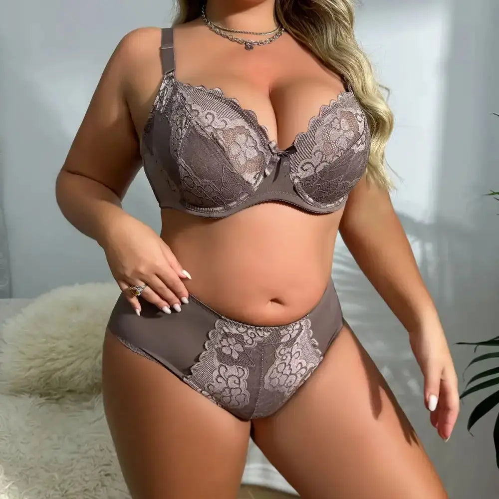 BEAUWEAR Women Plus Size Bra and Panty Set Floral Lace Underwear Set Ultrathin Unlined lingerie Set 85D 90D 95D 100D