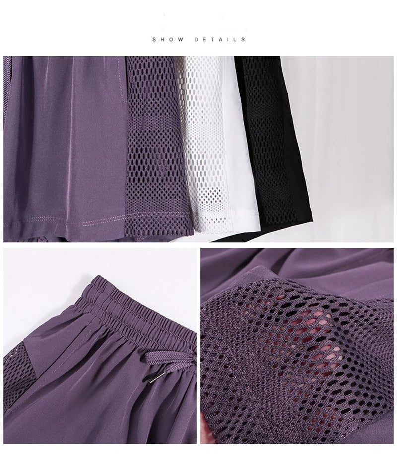 Breathable gym shorts for women in purple featuring mesh panels and an elastic waistband