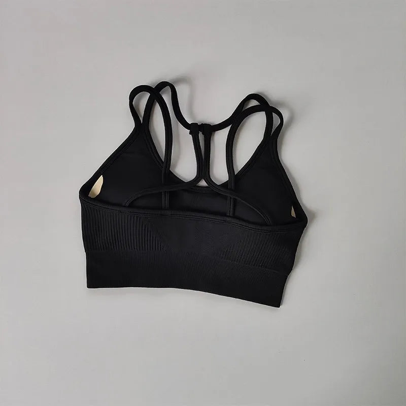 Black breathable sports bra for women with stylish crisscross back design and comfortable fit