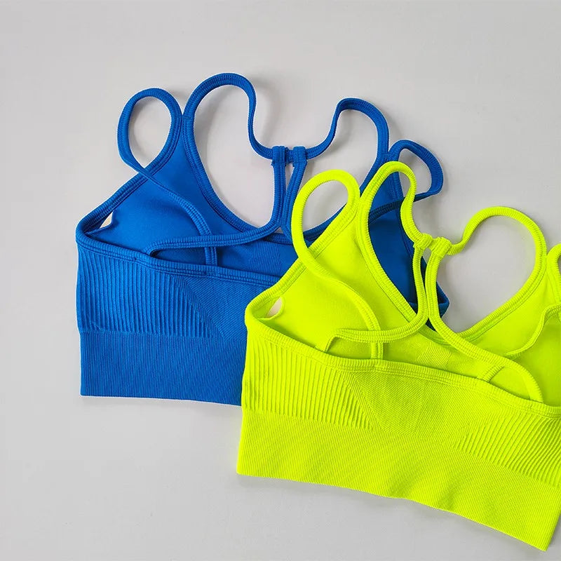 Blue and yellow breathable sports bra for women with a comfortable fit and stylish design