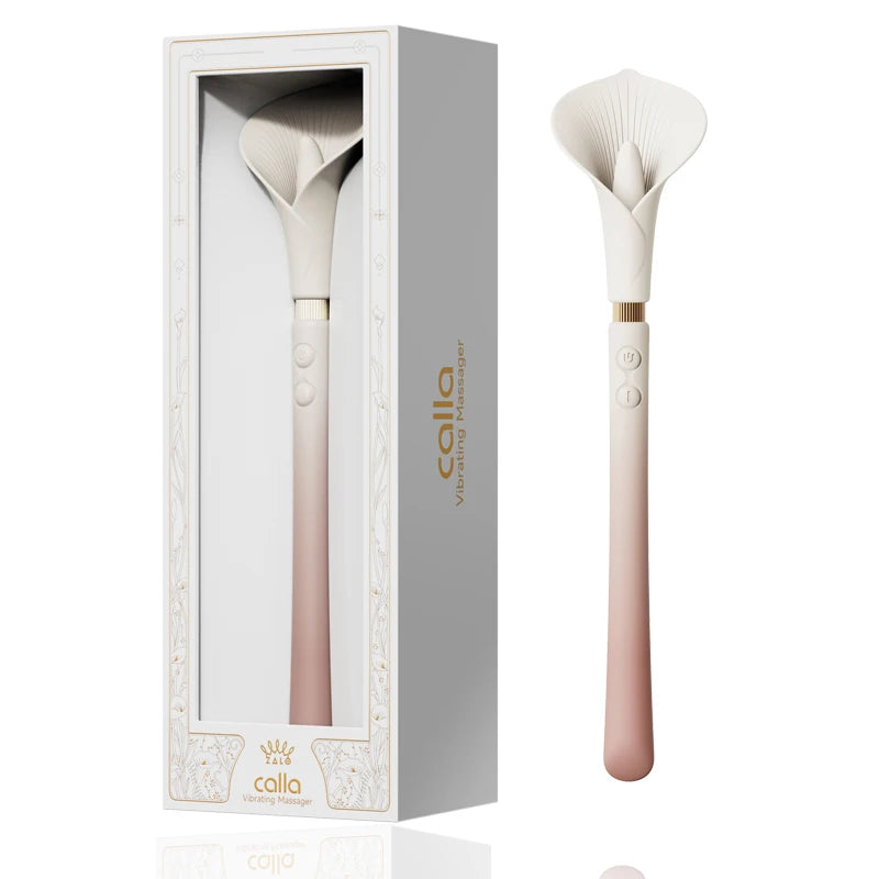 White and pink female tongue licking vibrator Calla flower design with long handle shown with packaging