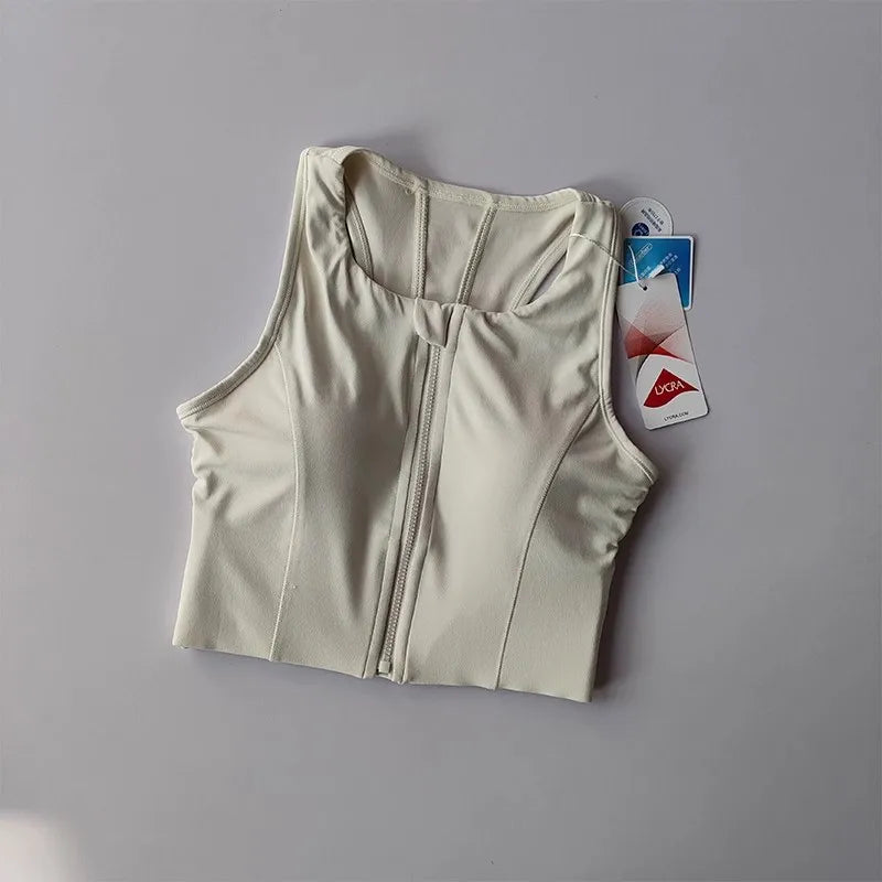 Light beige front zipper fitness bra from The Lady's Haven Boutique for comfortable workouts