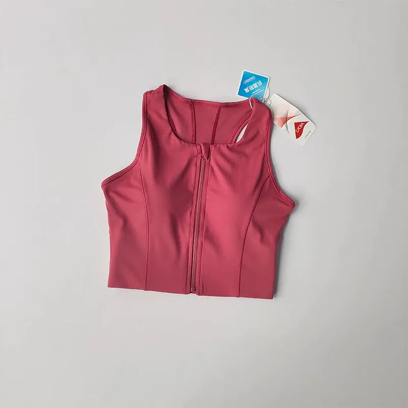 Front zipper fitness bra in pink, designed for comfort and support during workouts