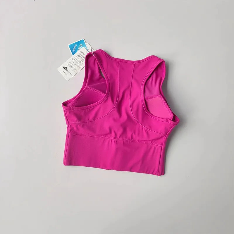 Fuchsia front zipper fitness bra with a sporty back design for comfortable workouts