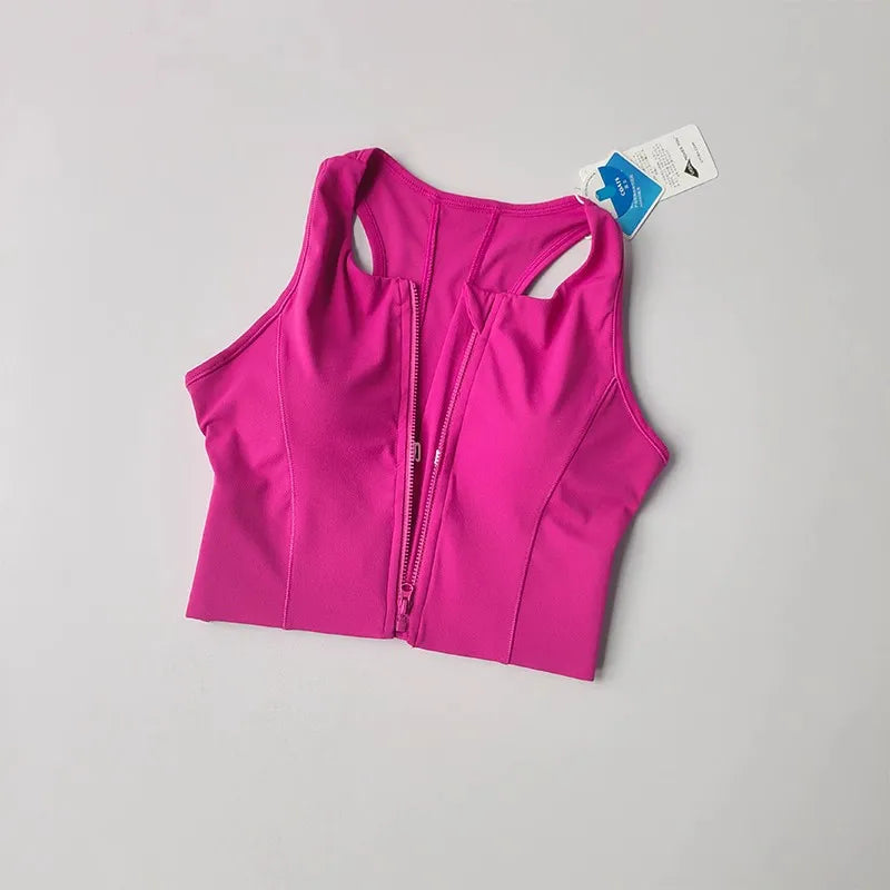 Bright pink front zipper fitness bra with a stylish design and supportive fit for active wear