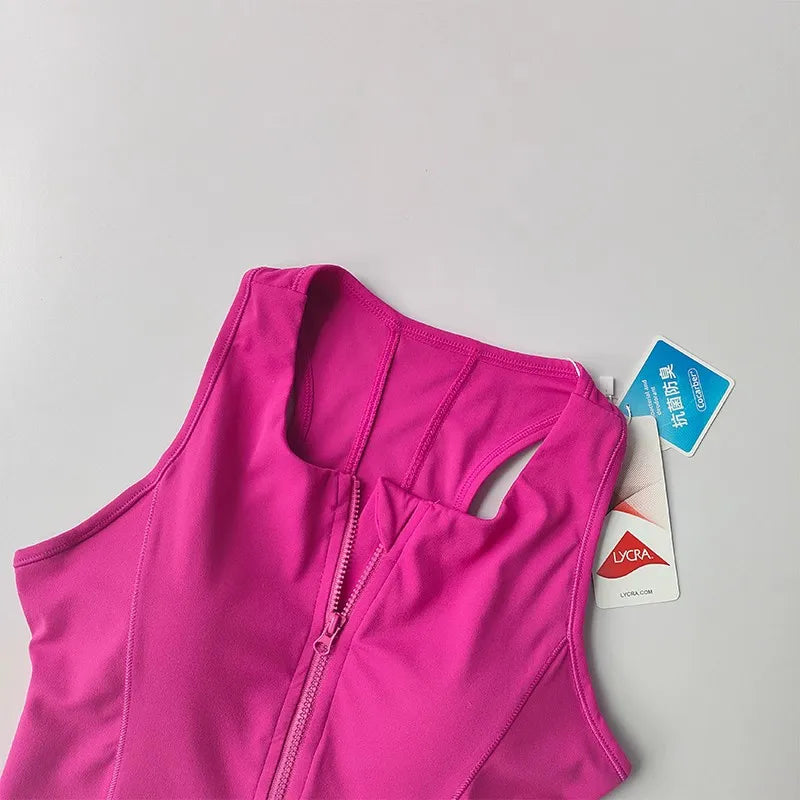 Vibrant pink front zipper fitness bra designed for comfort and style during workouts