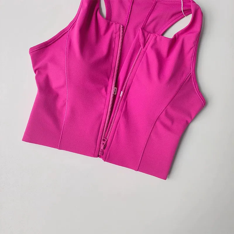 Bright pink front zipper fitness bra designed for comfort and support during workouts