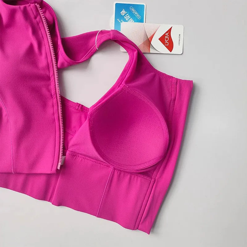 Bright pink front zipper fitness bra with molded cups for active comfort and support
