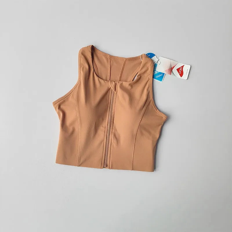 Beige front zipper fitness bra for comfortable support during workouts