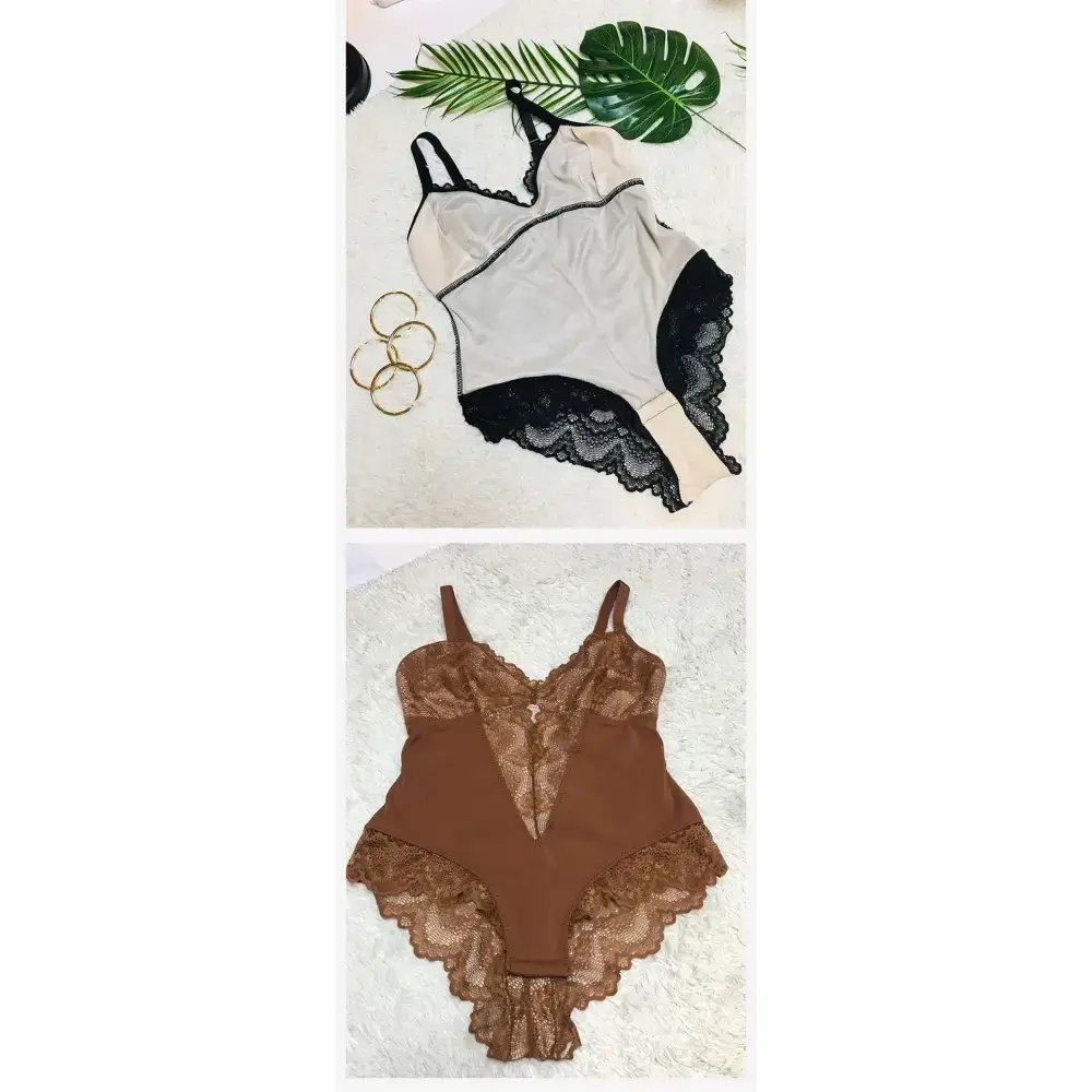 The Lady's Haven Boutique spaghetti strap sexy lace bodysuit in beige and brown with delicate lace detailing