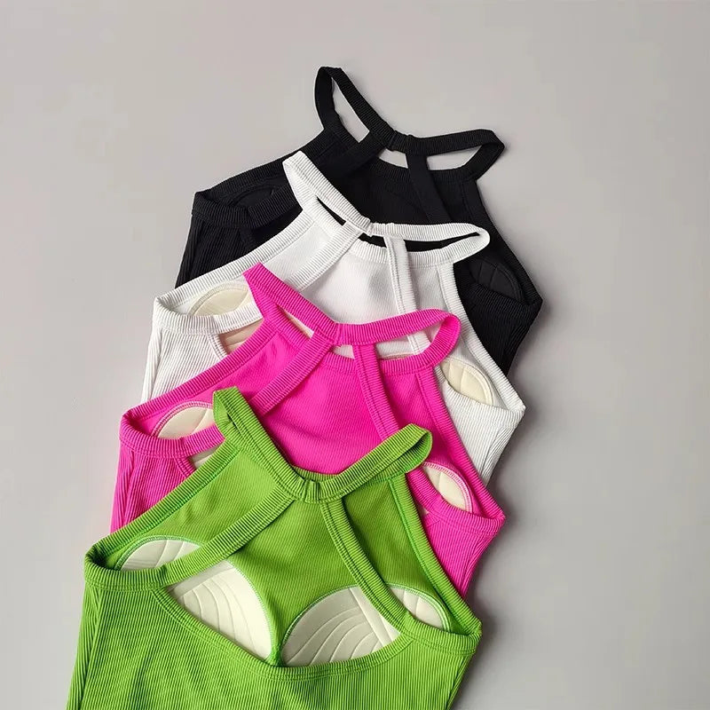 Colorful gym top fitness camisole collection featuring black, white, pink, and green styles