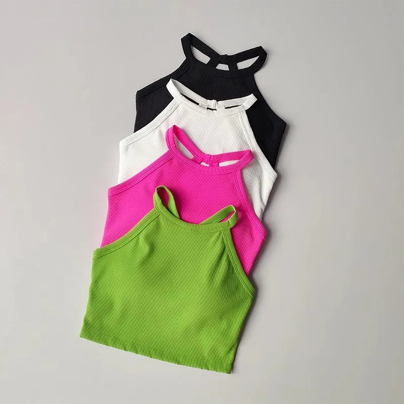 Colorful gym top fitness camisole collection in black, white, pink, and green for stylish workouts