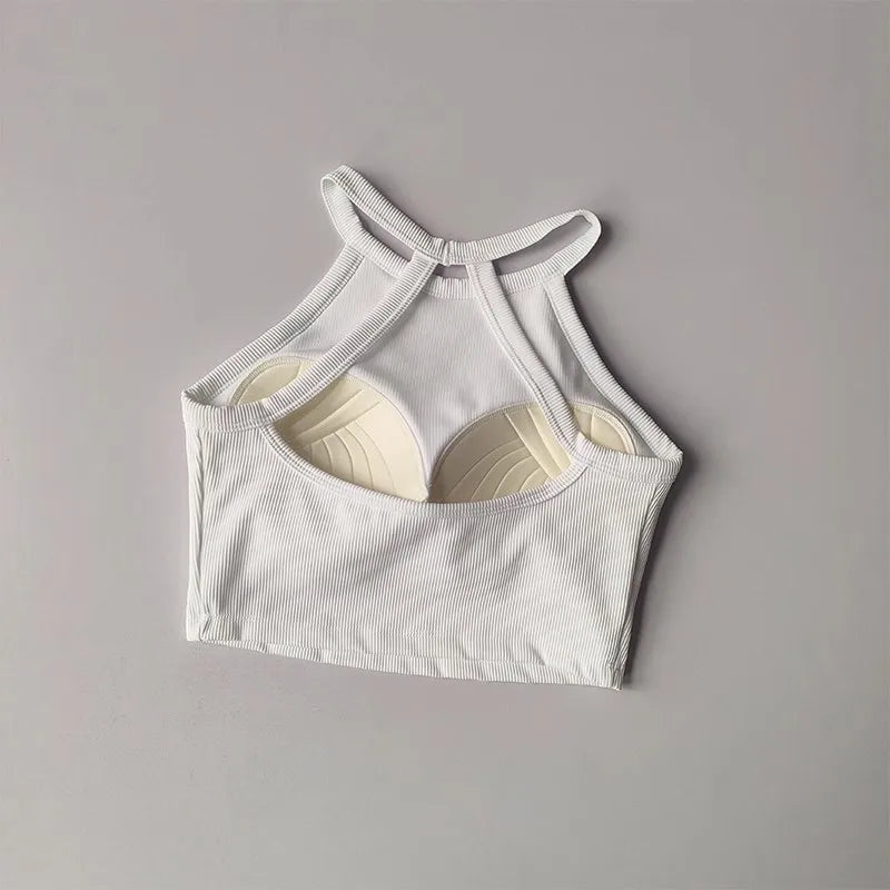 White gym top fitness camisole with stylish back design for comfortable workouts