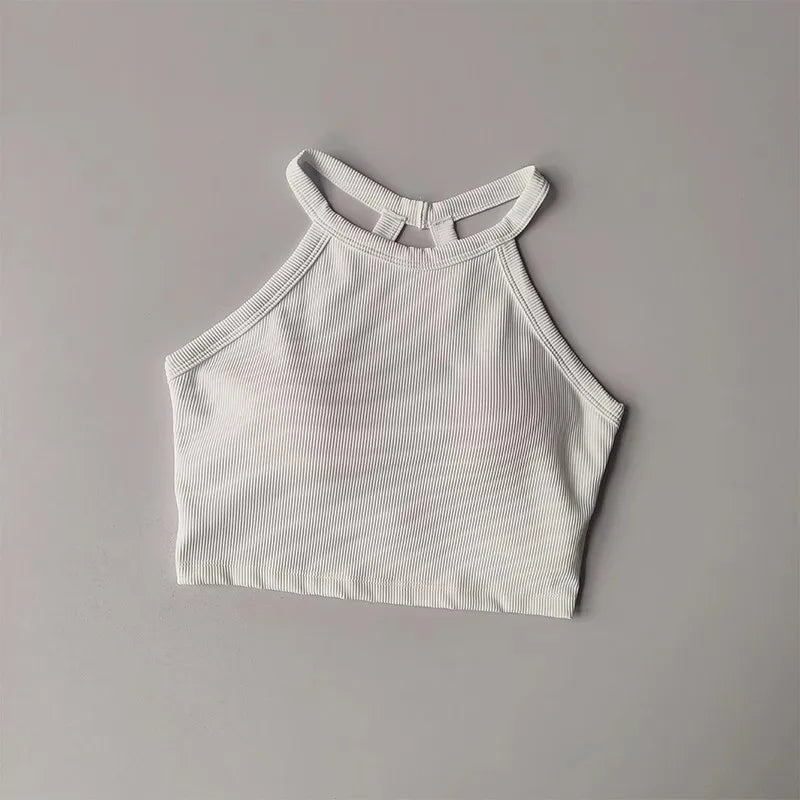 White ribbed gym top fitness camisole with unique back design for stylish workouts
