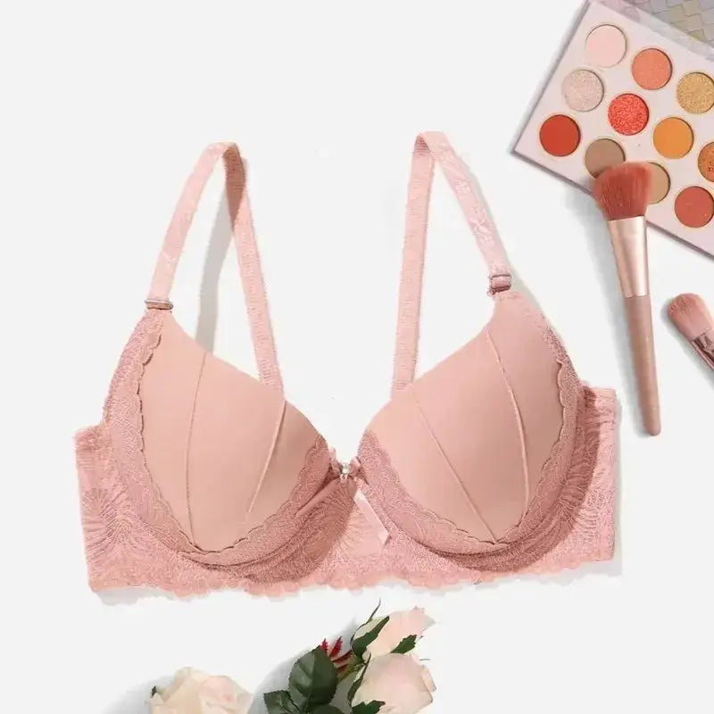 Hand Shap Foam Pad Bra Push Up Solid Color Floral Lace Bras for Women Underwire Brassiere 75B 80B 85B - Pink / 85B