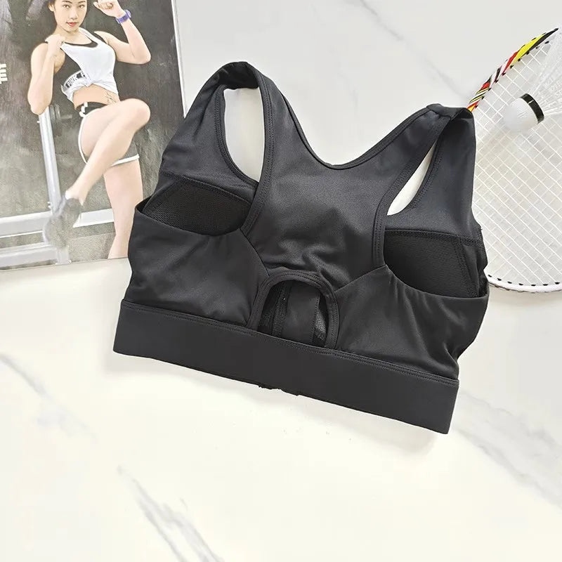 Black high impact sports bra for women with adjustable straps and supportive design