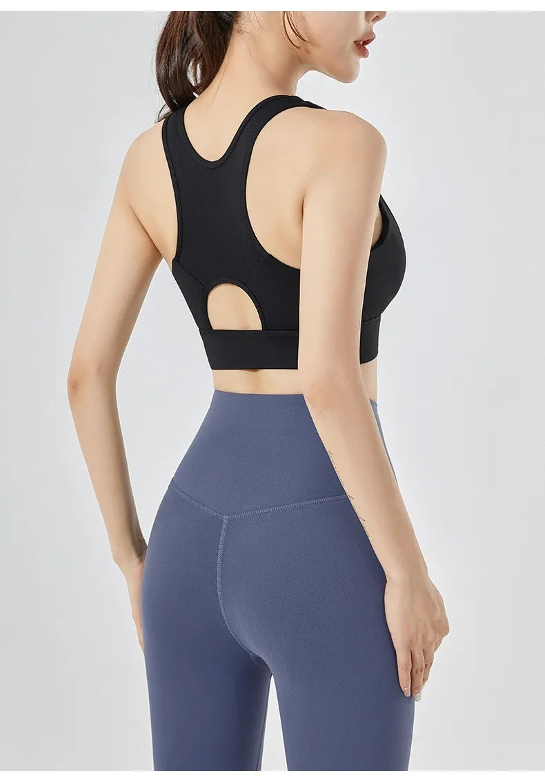 High impact sports bra for women in black with a stylish racerback design and comfortable fit