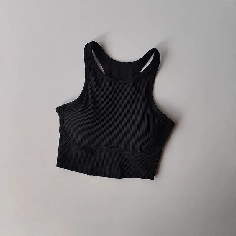 Black high impact sports bra for women with comfortable ribbed texture and supportive design