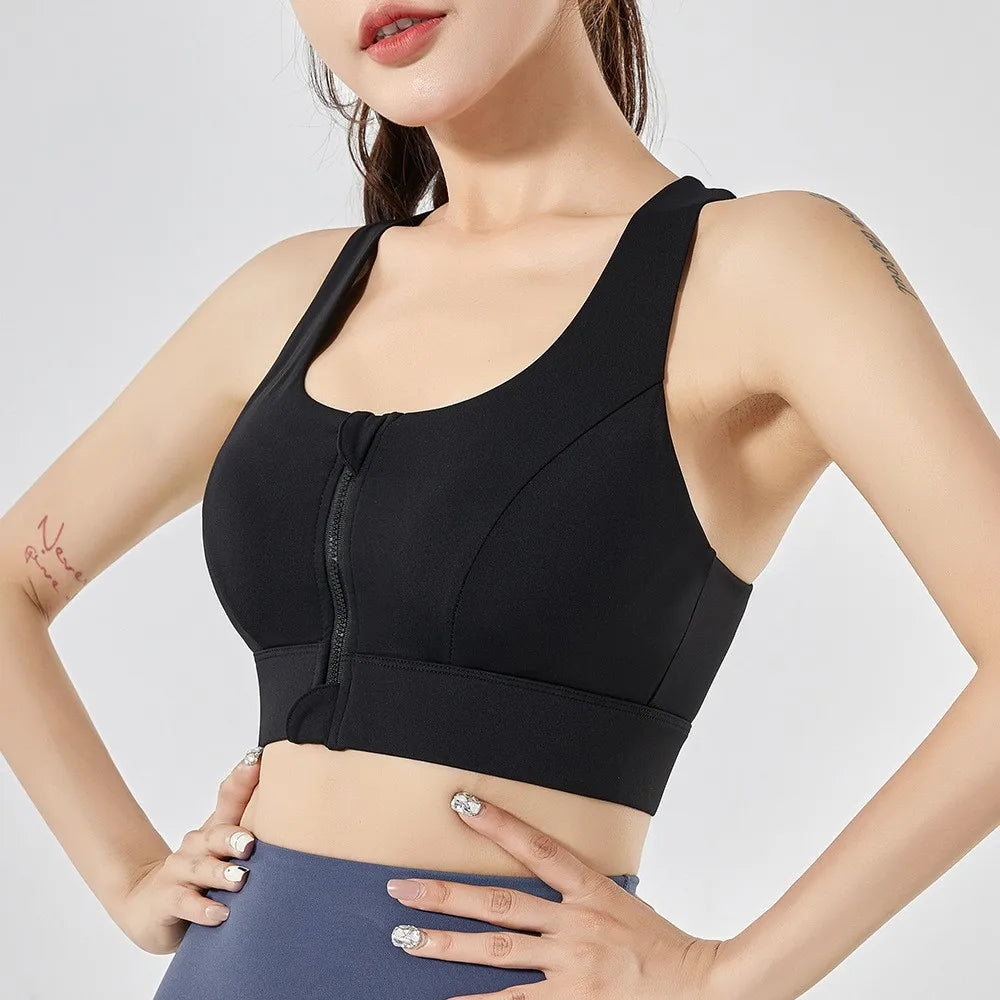 Black zip-up high impact sports bra for women, designed for maximum support during workouts