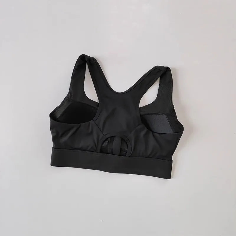 Black high impact sports bra for women with stylish back design and supportive fit