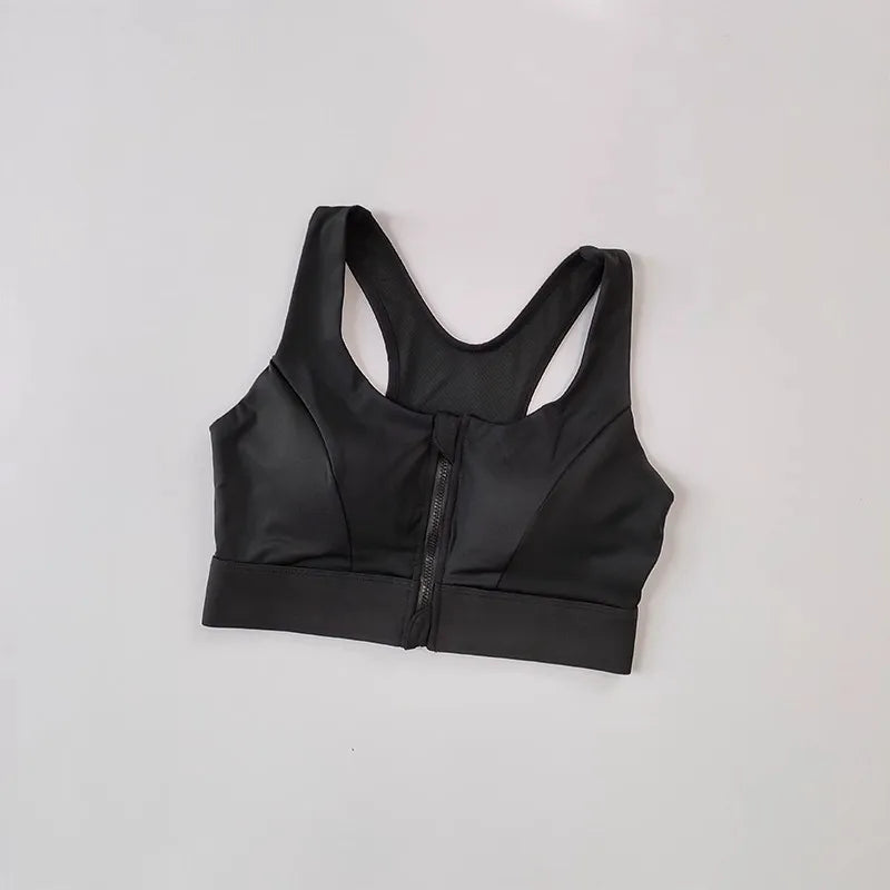 Sleek black high impact sports bra for women with a zip front closure and smooth fabric