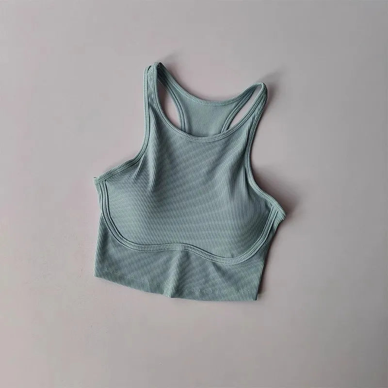 Light blue high impact sports bra for women with comfortable ribbed design for active wear