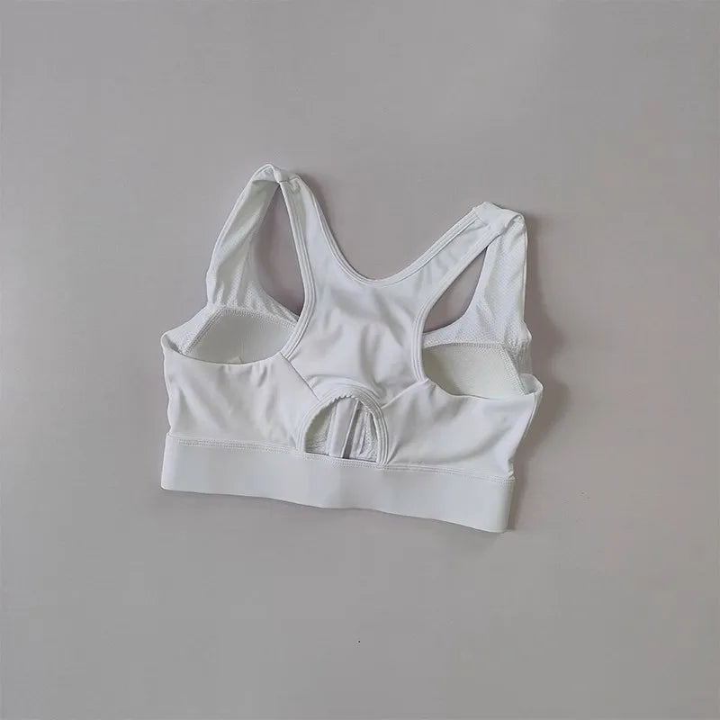 White high impact sports bra for women with a stylish design and comfortable fit