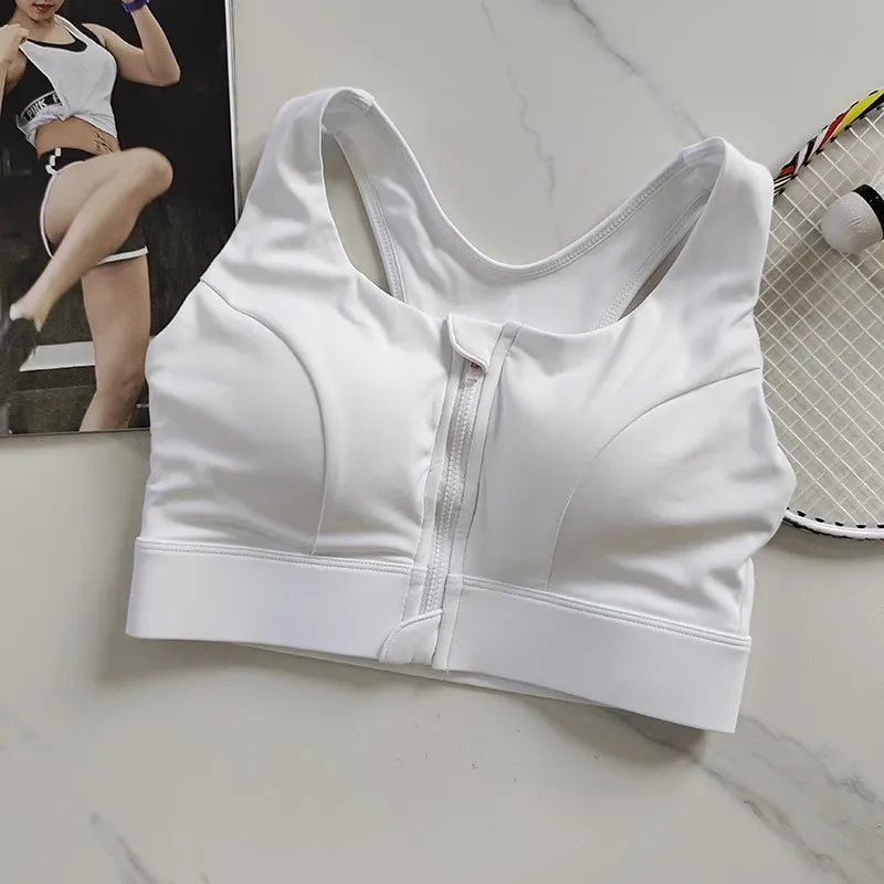 White high impact sports bra for women with front zipper for active performance and comfort