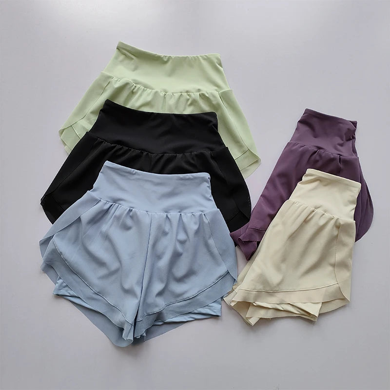 High-waisted sports shorts women in various colors including blue, black, green, purple, and yellow