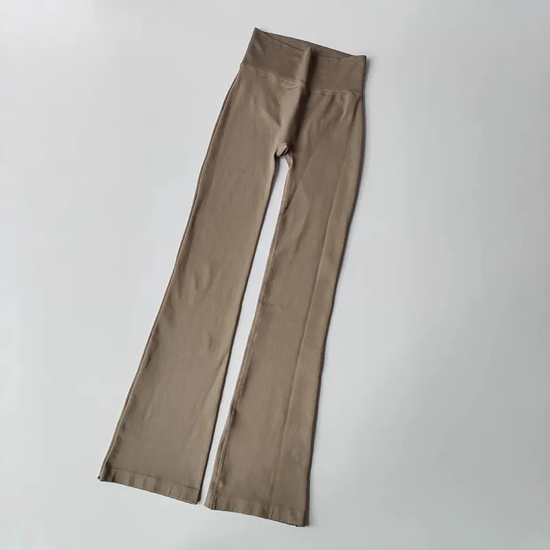 High waisted yoga pants bell-bottoms in a stylish beige color, perfect for workouts or casual wear