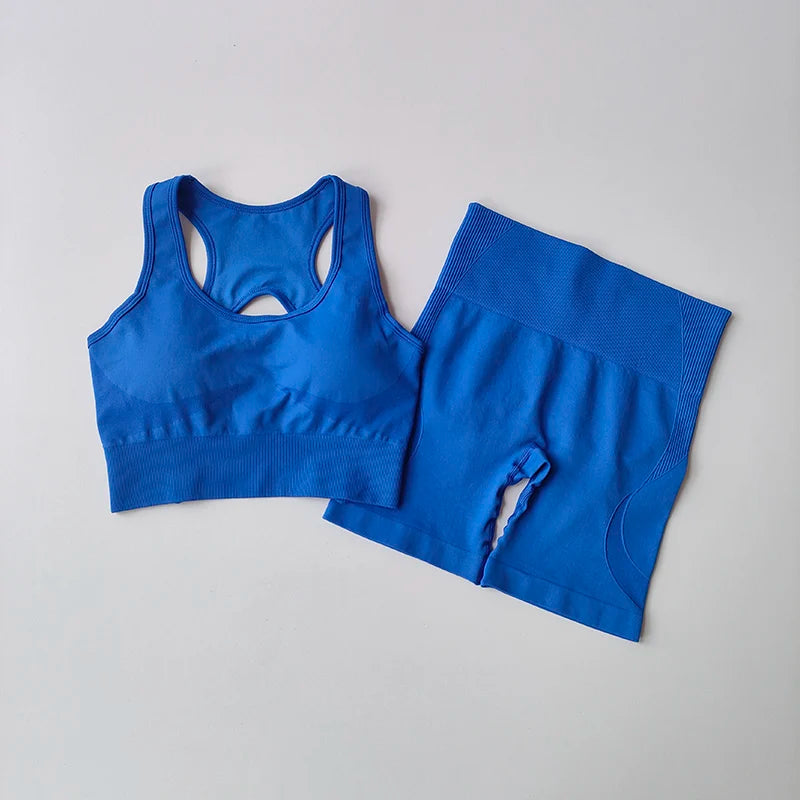 Ladies fitness clothing set in vibrant blue with a sports bra and matching shorts from The Lady's Haven Boutique
