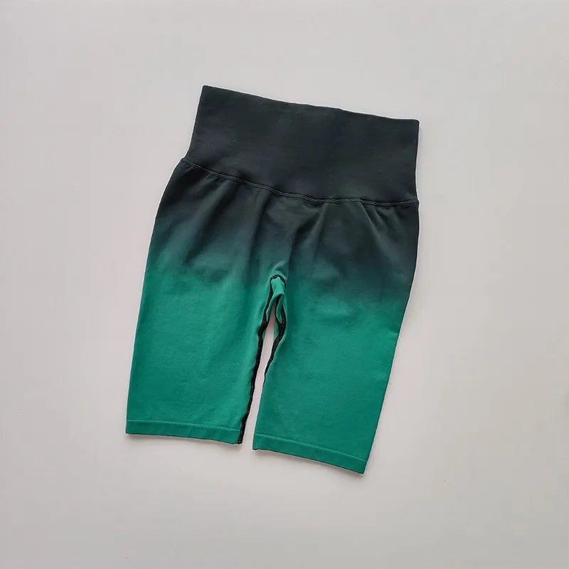 Ladies high waist running shorts in green ombre style for comfort and style during workouts