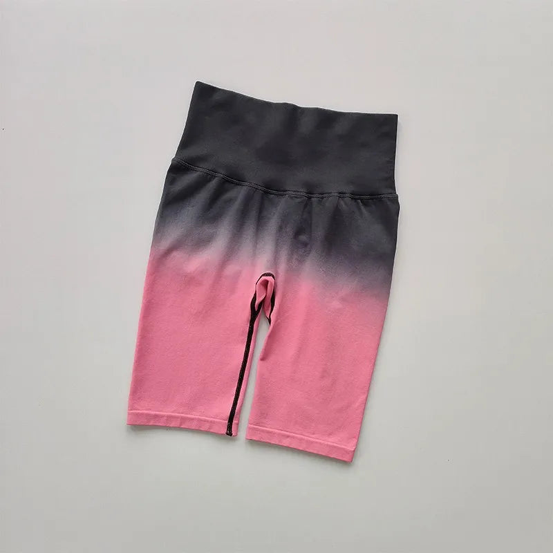 Ladies high waist running shorts in black and pink ombre design, perfect for active wear