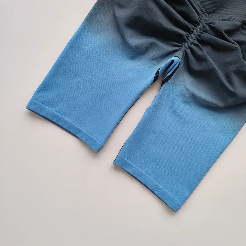 Ladies high waist running shorts in blue with a ruched design for comfortable workouts